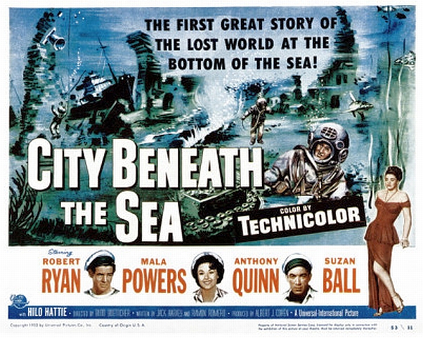 Anthony Quinn, Suzan Ball, Mala Powers, and Robert Ryan in City Beneath the Sea (1953)