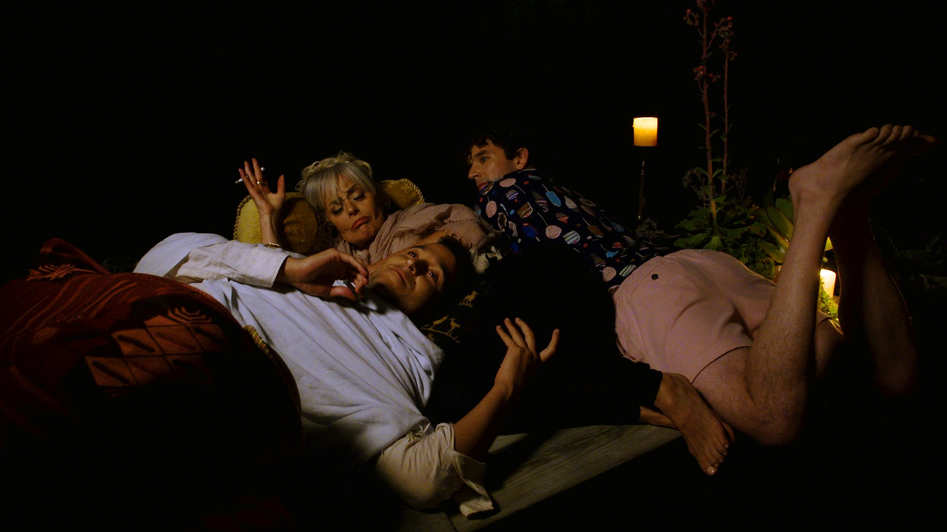 Tracie Bennett, Michael Urie, and Kario Marcel in The Extinction of Fireflies (2021)