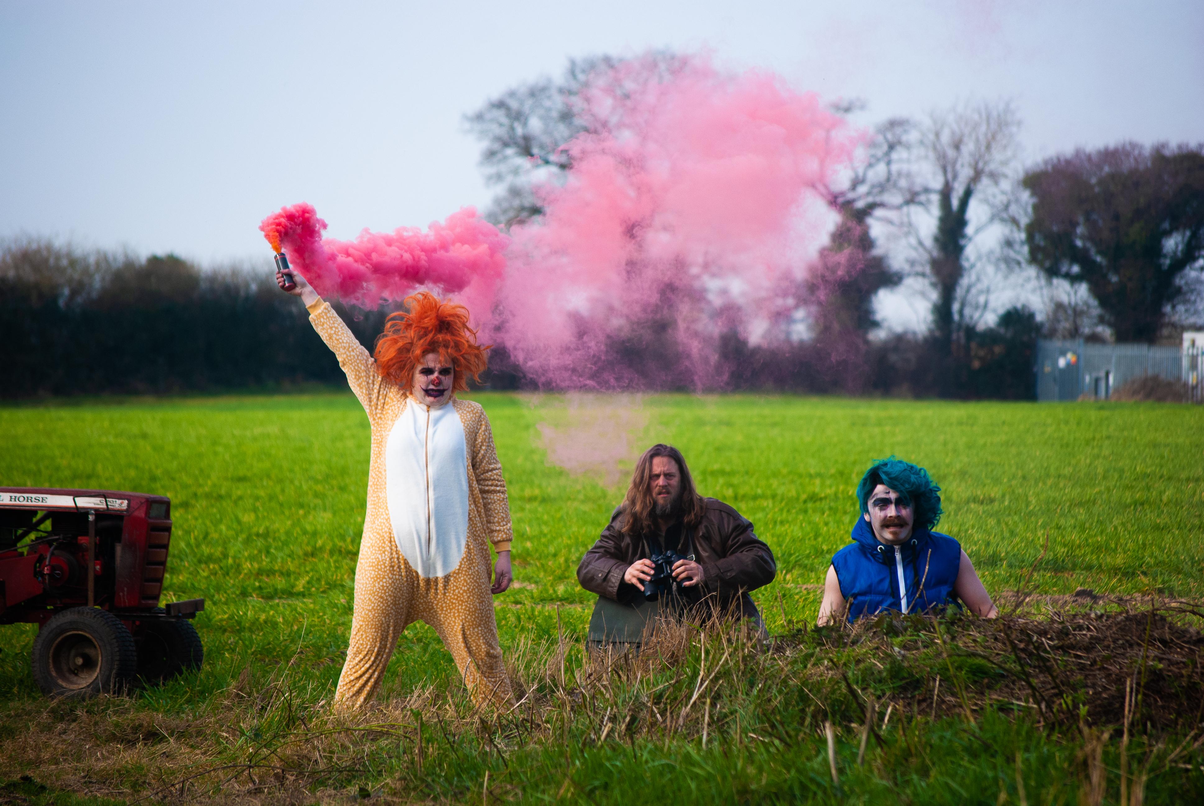 Tadhg Murphy, Natalie Palamides, and Fionn Foley in Apocalypse Clown (2023)