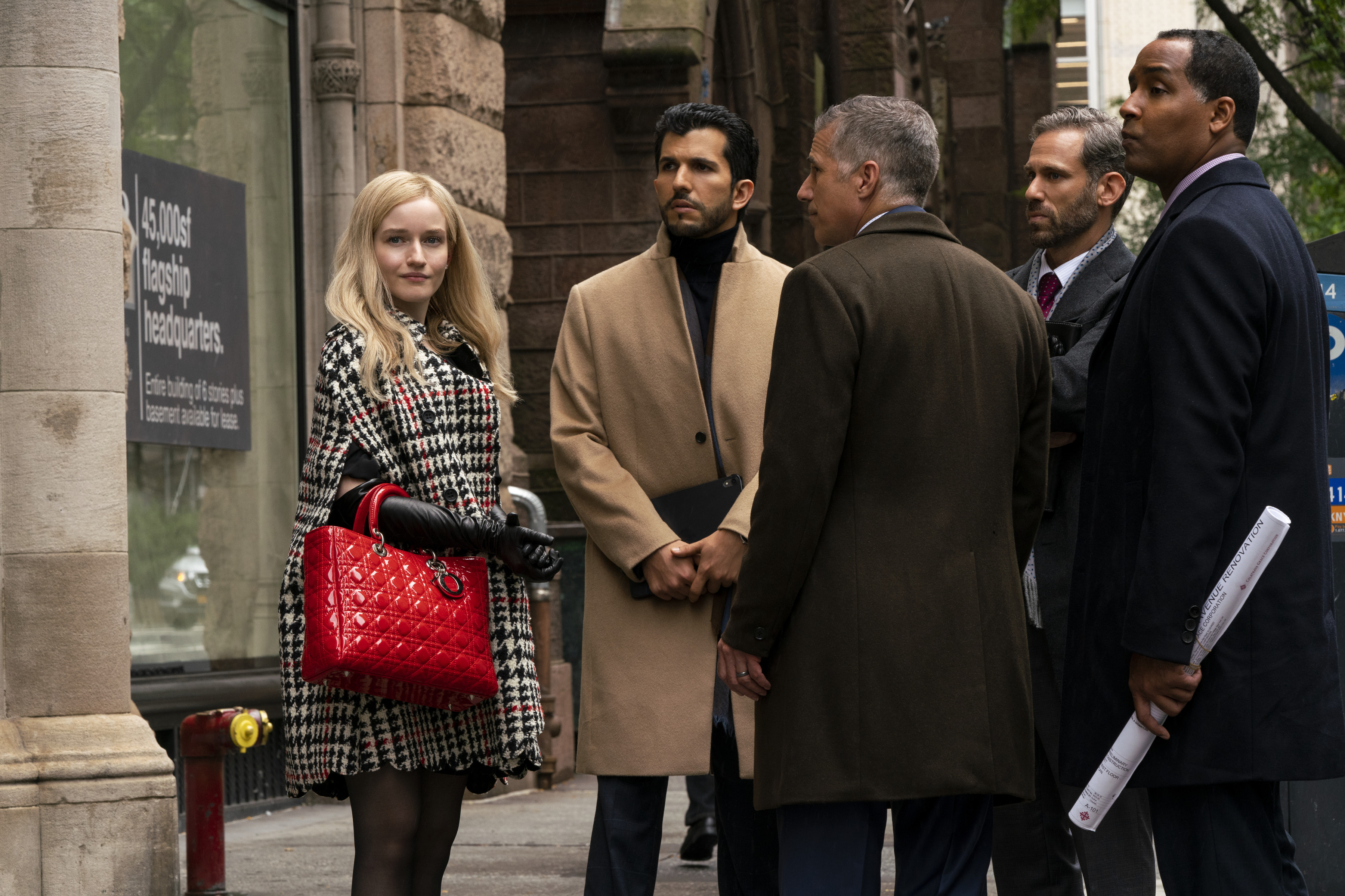 Richie Herschenfeld, Jason Schuchman, Lawrence Ballard, Julia Garner, and Gabriel Sloyer in A Wolf in Chic Clothing (2022)