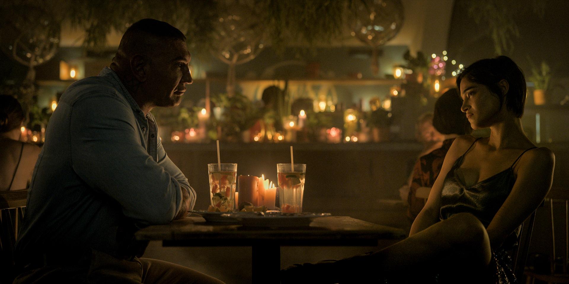 Sofia Boutella and Dave Bautista in The Killer's Game (2024)