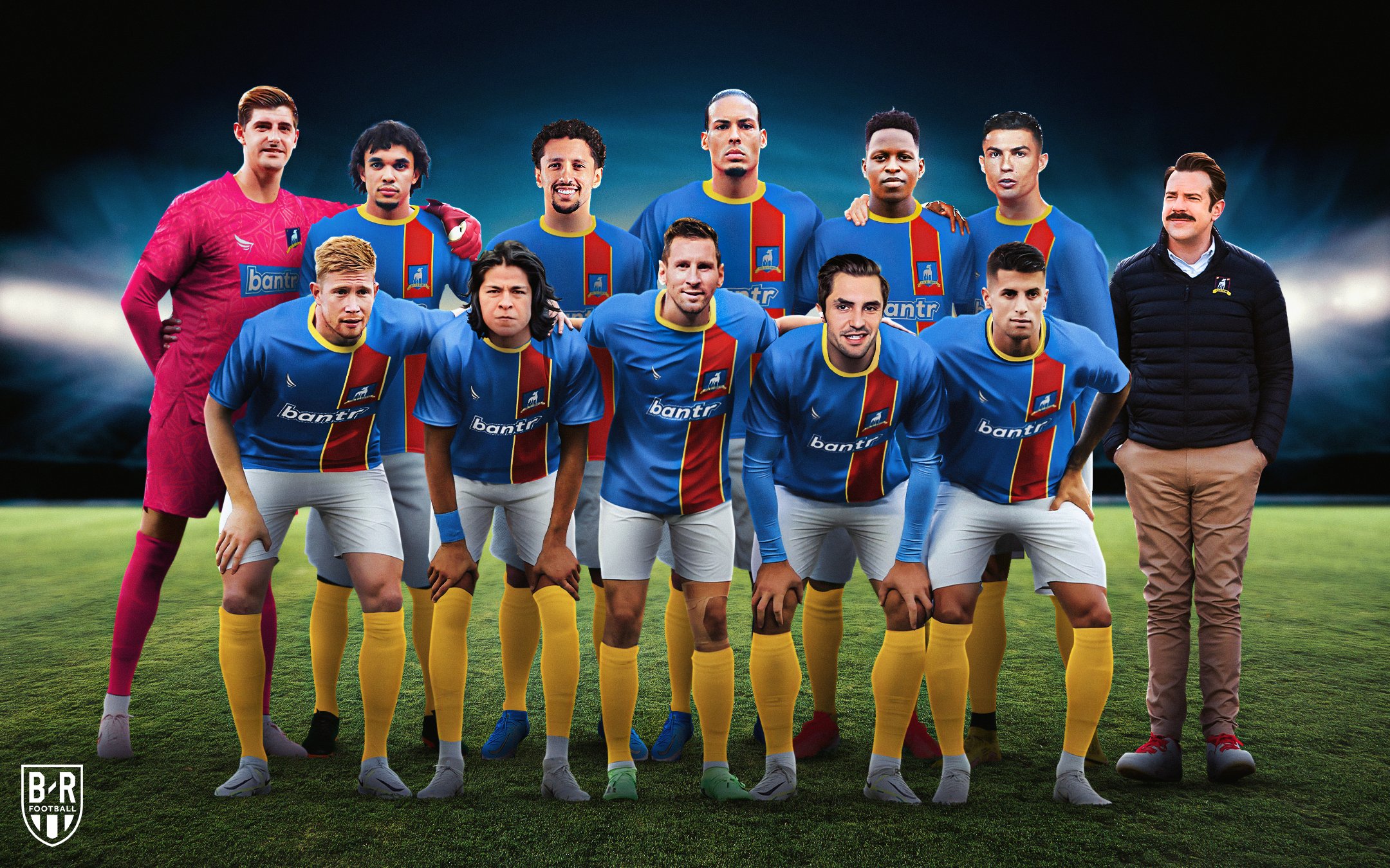 Jason Sudeikis, Moe Hashim, Cristiano Ronaldo, Lionel Messi, Gerard Piqué, Phil Dunster, Thibaut Courtois, Kevin De Bruyne, Virgil van Dijk, Marquinhos, Toheeb Jimoh, and Cristo Fernández in FIFA 23 (2022)