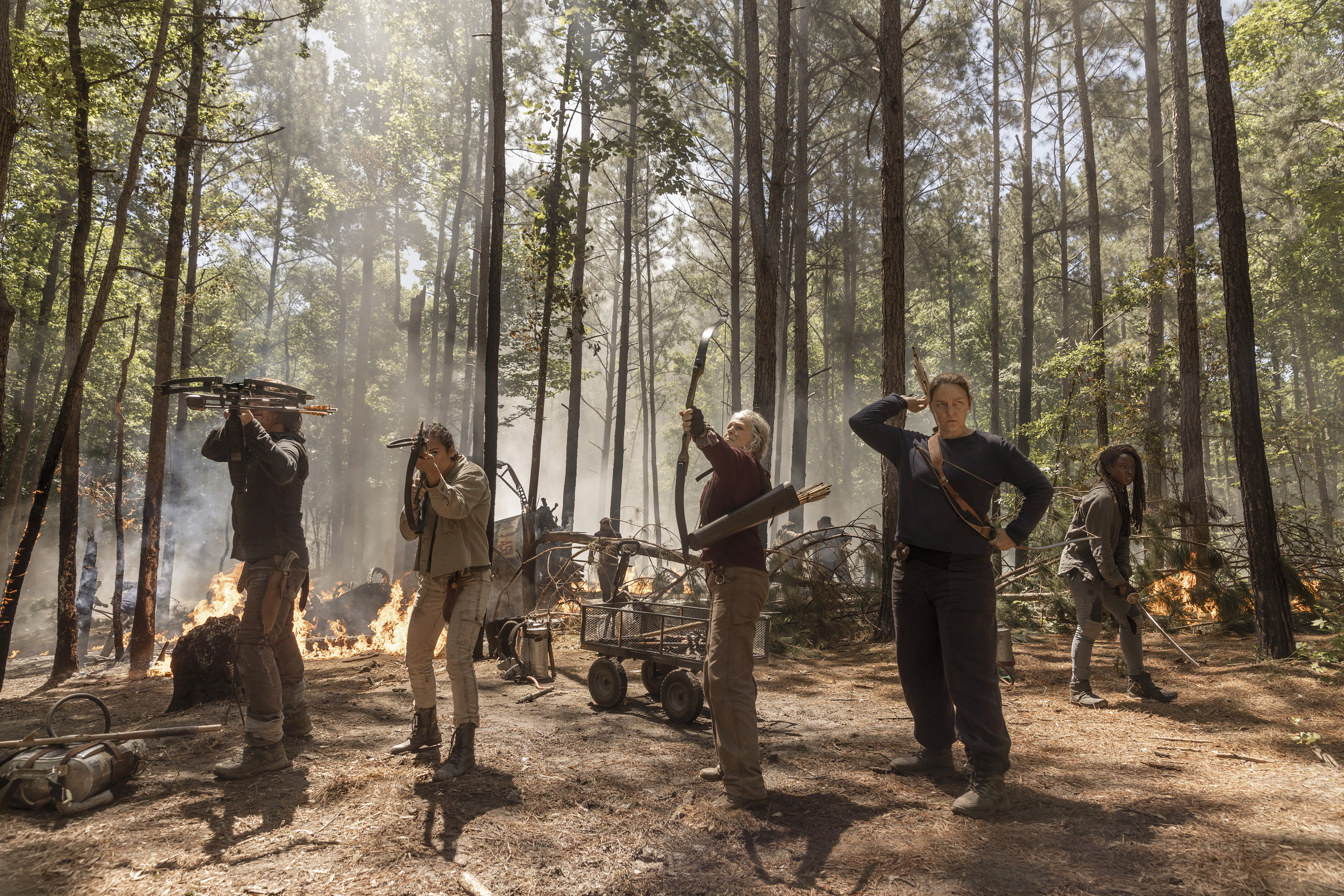 Norman Reedus, Melissa McBride, Danai Gurira, Sydney Park, and Kerry Cahill in The Walking Dead (2010)