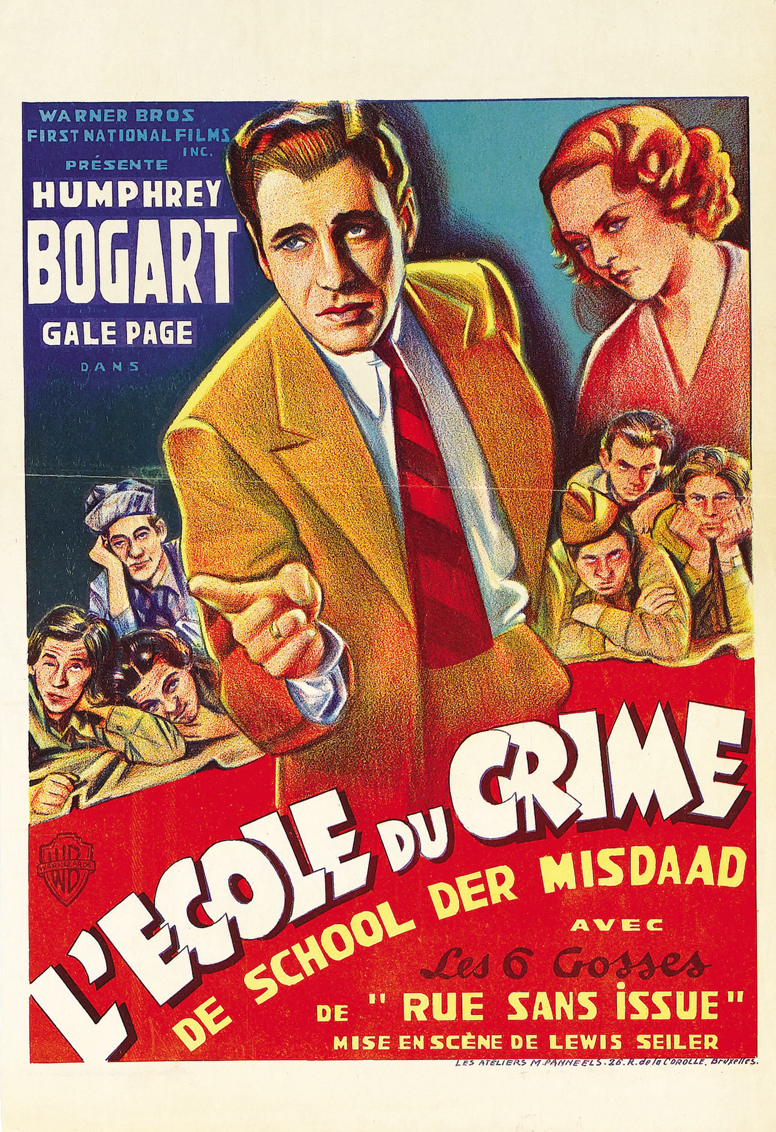 Humphrey Bogart, Gabriel Dell, Leo Gorcey, Huntz Hall, Billy Halop, Bobby Jordan, George Offerman Jr., Gale Page, Bernard Punsly, and The Dead End Kids in Crime School (1938)