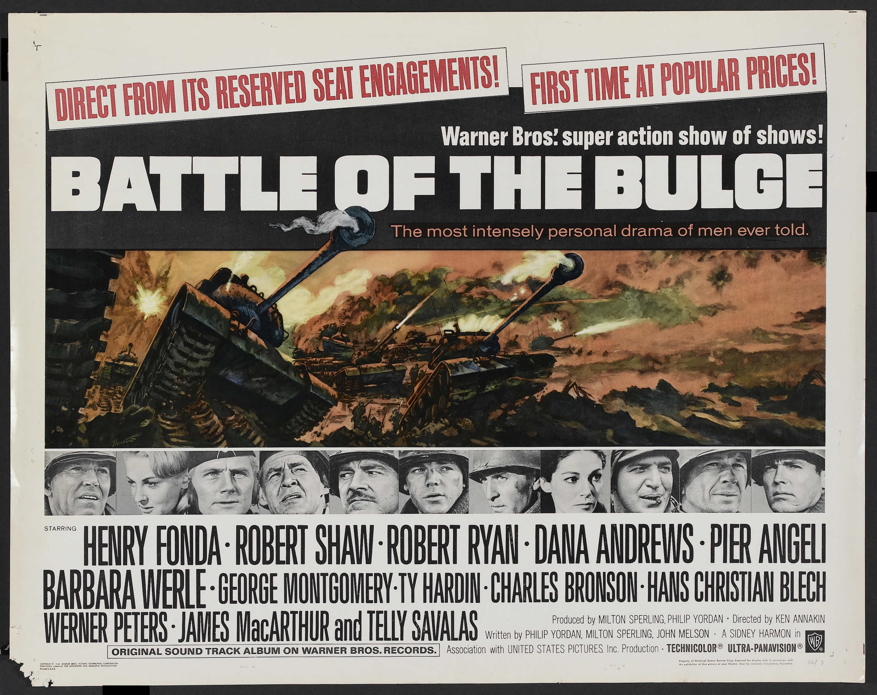 Henry Fonda, Charles Bronson, Dana Andrews, Pier Angeli, Telly Savalas, Robert Shaw, Ty Hardin, James MacArthur, George Montgomery, Robert Ryan, and Barbara Werle in Battle of the Bulge (1965)