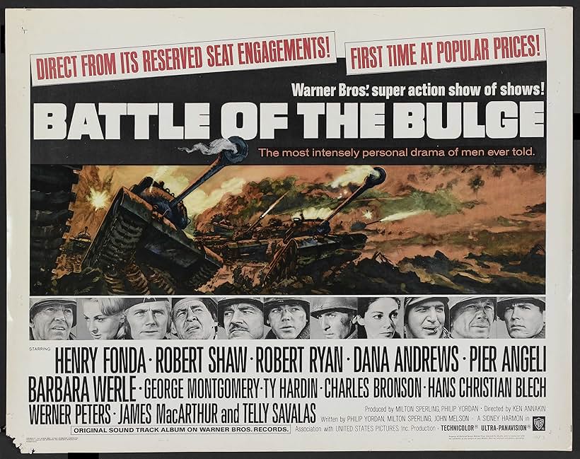 Henry Fonda, Charles Bronson, Dana Andrews, Pier Angeli, Telly Savalas, Robert Shaw, Ty Hardin, James MacArthur, George Montgomery, Robert Ryan, and Barbara Werle in Battle of the Bulge (1965)