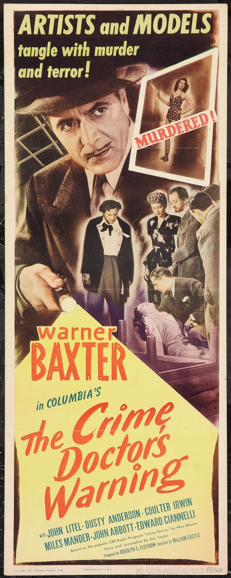 Dusty Anderson, Warner Baxter, Coulter Irwin, John Litel, and Miles Mander in The Crime Doctor's Warning (1945)