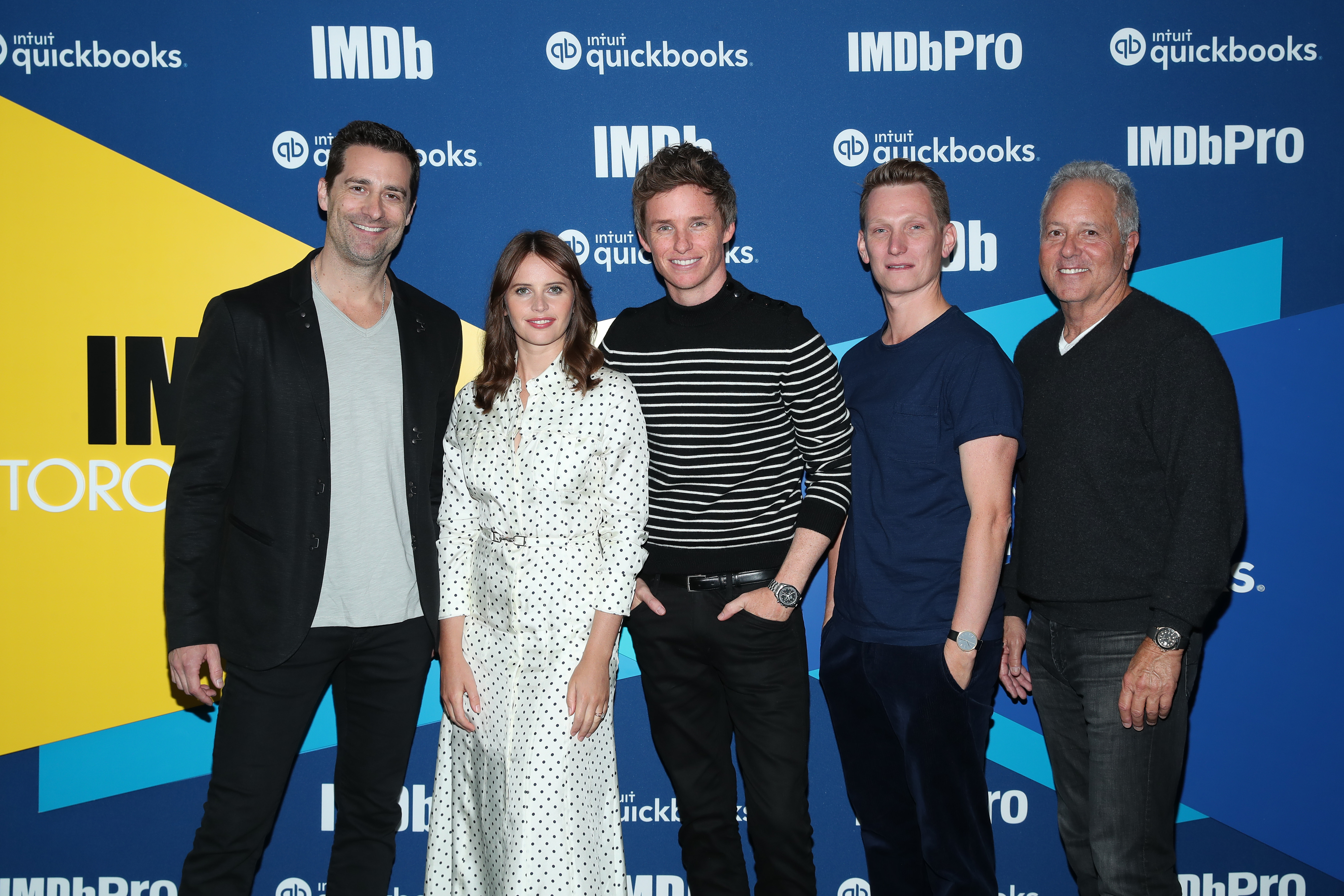 David Hoberman, Felicity Jones, Todd Lieberman, Eddie Redmayne, and Tom Harper at an event for The Aeronauts (2019)