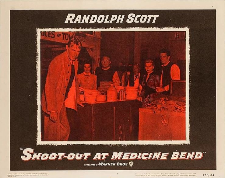 Randolph Scott, Angie Dickinson, James Garner, Dani Crayne, and Harry Harvey in Shoot-Out at Medicine Bend (1957)