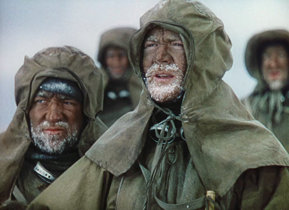 Reginald Beckwith, Derek Bond, James Robertson Justice, and John Mills in Scott of the Antarctic (1948)