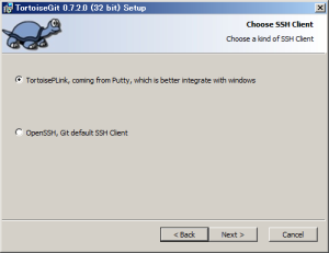 図5 TortoiseGitのインストーラでは使用するSSHクライアントを設定する。通常はTortoisePLinkを選択しよう