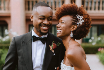 Bride and groom laughing with each other