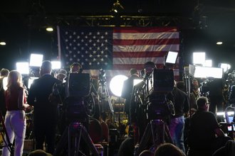 Members of media work at an election night campaign watch party for Donald Trump on Nov. 5, 2024, in West Palm Beach, Florida. (AP Photo/Alex Brandon)