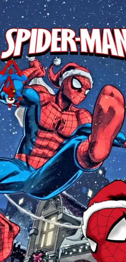 Festive Spider-Man in a snowy background wearing Santa hat.