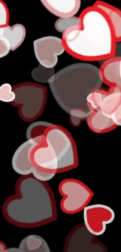 Floating hearts wallpaper with red, white on black background.