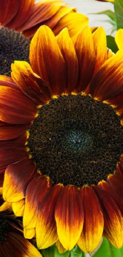 Vibrant sunflower wallpaper with red-orange petals and dark center.