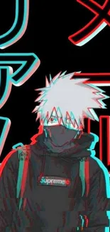 Anime character in streetwear with Japanese text on a 3D styled wallpaper.