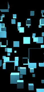 3D blue cubes floating on a black background in a dynamic pattern.