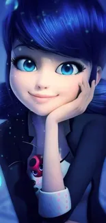 Animated character with blue hair and background, smiling with a cute expression.