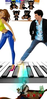 Animated couple dancing on colorful piano keys with teddies.