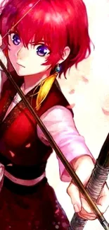 Anime archer girl with red hair aiming an arrow in a blossom-filled setting.