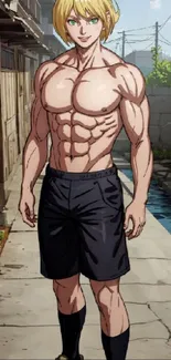 Anime character with muscular build in outdoor setting