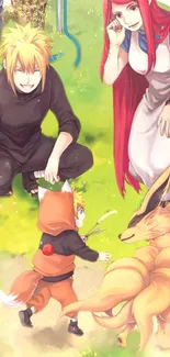 Anime family and pet in a vibrant garden scene.