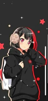 Anime girl in a hoodie with red accents on a dark background.