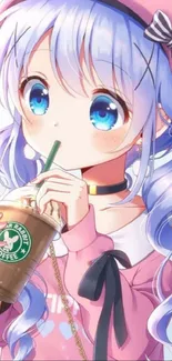 Anime girl with blue hair drinking coffee in pink outfit.