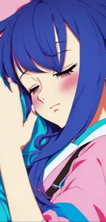 Anime girl sleeping with blue hair and pink clothes in colorful wallpaper.