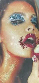 Woman with glitter makeup and red apple, fashion wallpaper.