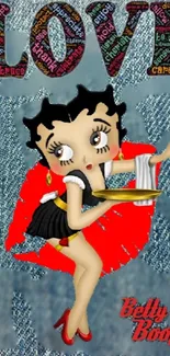 Betty Boop in a vibrant denim-themed wallpaper with love and colorful text.