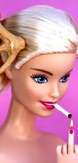 Barbie smoking with antlers in bold pink theme.