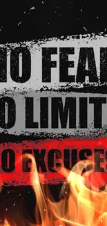 Bold black wallpaper with motivational text: No Fear, No Limits, No Excuses.