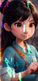 Cute animated girl holding a notebook in an urban setting wallpaper.