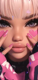 Anime style artwork of a girl with pink accents and hearts on cheeks.