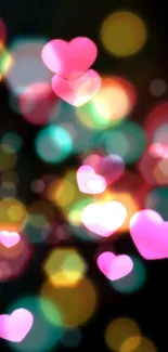 Colorful heart bokeh wallpaper with bright lights.