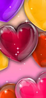 Vibrant glossy hearts in various colors on a mobile wallpaper background.