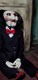 Creepy puppet in black suit with red accents sitting on the floor.