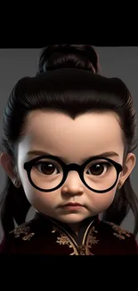 Animated girl with glasses on gray background.