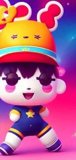 Adorable character in colorful, animated design with pink background.