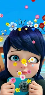 Cute animated girl with blue hair and a camera in vibrant colors.