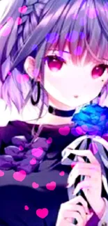 A cute anime girl with purple hair holding a blue flower on a stylish wallpaper.