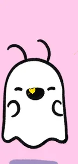 Cute cartoon ghost on a pink background with hearts.