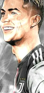 Illustrated portrait of a smiling football player in a jersey with a gray background.