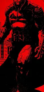 Silhouette of superhero on red cityscape background.