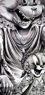 Cartoon character with tattoos in monochrome urban setting.