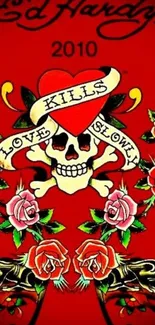 Edgy tattoo art wallpaper with skull and roses on red background.