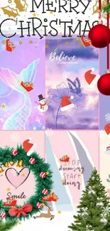 Christmas collage wallpaper with trees and ornaments.