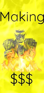 Fiery artwork of a figure with burning money on a vibrant yellow background.